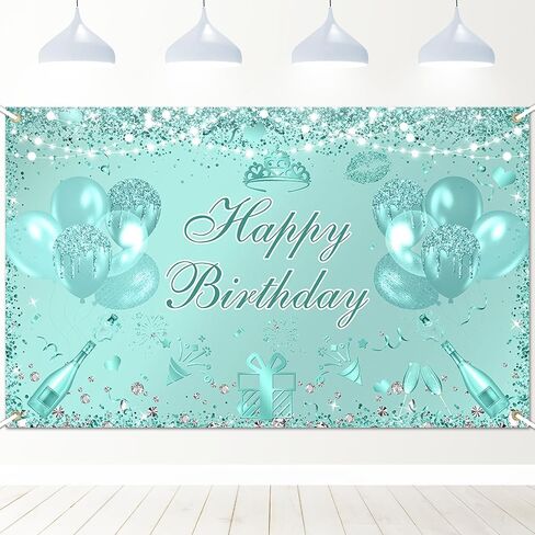 Teal Silver Birthday Banner 6x3.6 ft Turquoise Birthday Decorations Mint Green Banner for Men Women Teal Photo Background in Saudi Arabia