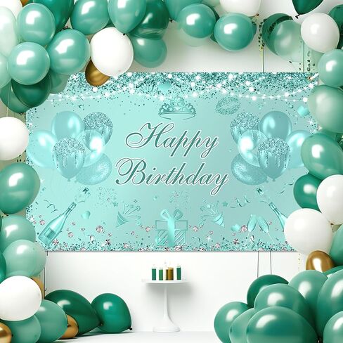 Teal Silver Birthday Banner 6x3.6 ft Turquoise Birthday Decorations Mint Green Banner for Men Women Teal Photo Background in Saudi Arabia