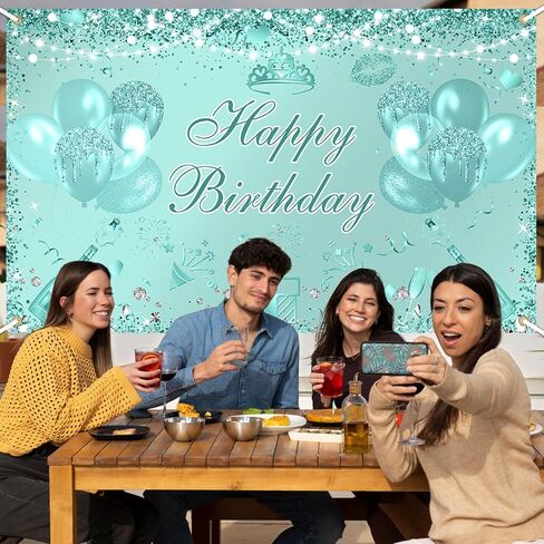 Teal Silver Birthday Banner 6x3.6 ft Turquoise Birthday Decorations Mint Green Banner for Men Women Teal Photo Background in Saudi Arabia