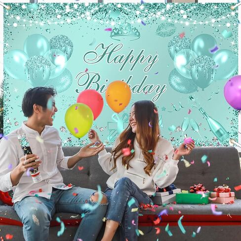Teal Silver Birthday Banner 6x3.6 ft Turquoise Birthday Decorations Mint Green Banner for Men Women Teal Photo Background in Saudi Arabia