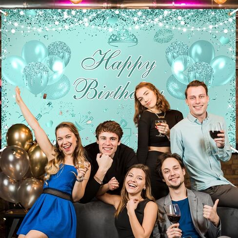 Teal Silver Birthday Banner 6x3.6 ft Turquoise Birthday Decorations Mint Green Banner for Men Women Teal Photo Background in Saudi Arabia