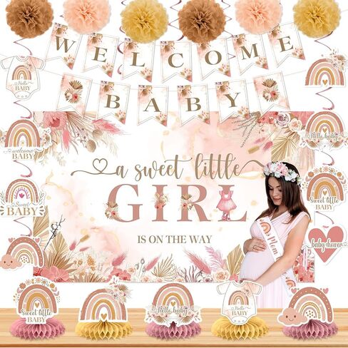 Pink Boho Baby Shower Decorations A Sweet Little Girl is on The Way Rainbow Welcome Baby Shower Party Supplies Banner Backdrop Honeycomb Centerpiece Hanging Swirl Paper Pompoms Mom to Be Sash in Kuwait