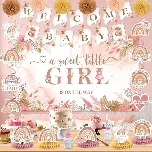 Pink Boho Baby Shower Decorations A Sweet Little Girl is on The Way Rainbow Welcome Baby Shower Party Supplies Banner Backdrop Honeycomb Centerpiece Hanging Swirl Paper Pompoms Mom to Be Sash in Kuwait