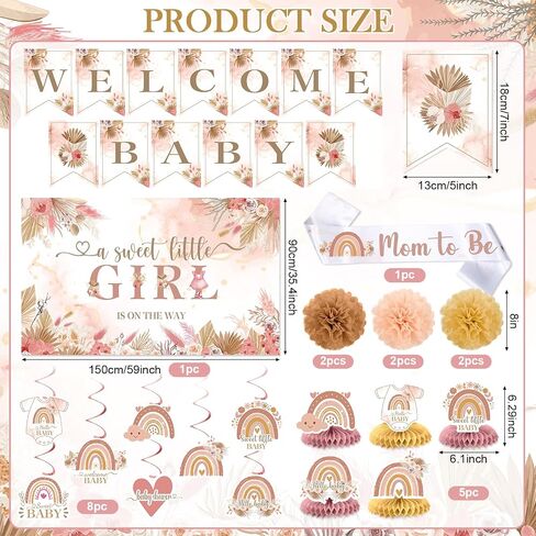 Pink Boho Baby Shower Decorations A Sweet Little Girl is on The Way Rainbow Welcome Baby Shower Party Supplies Banner Backdrop Honeycomb Centerpiece Hanging Swirl Paper Pompoms Mom to Be Sash in Kuwait