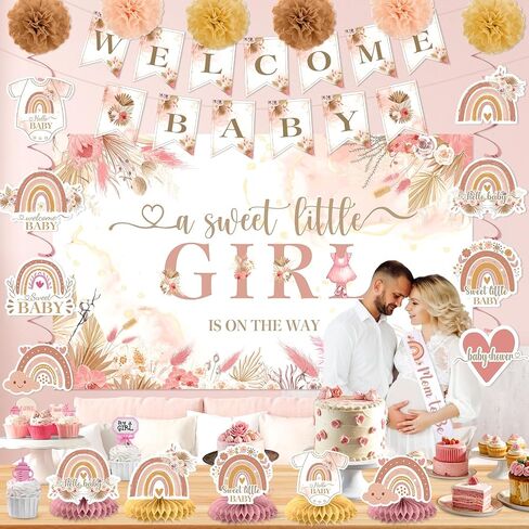 Pink Boho Baby Shower Decorations A Sweet Little Girl is on The Way Rainbow Welcome Baby Shower Party Supplies Banner Backdrop Honeycomb Centerpiece Hanging Swirl Paper Pompoms Mom to Be Sash in Kuwait
