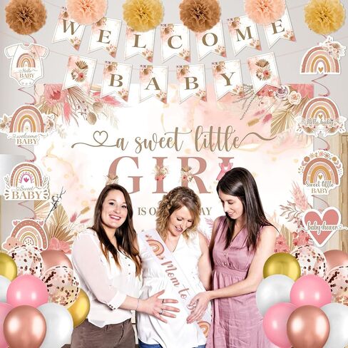 Pink Boho Baby Shower Decorations A Sweet Little Girl is on The Way Rainbow Welcome Baby Shower Party Supplies Banner Backdrop Honeycomb Centerpiece Hanging Swirl Paper Pompoms Mom to Be Sash in Kuwait