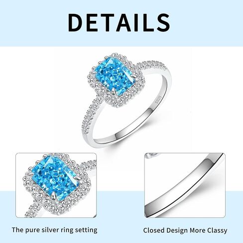 S925 Silver Blue Sapphire Ring, Engagement Rings for Women, Adorned with Moissanite Accents, Square Design for Anniversary, Wedding (Silver, 8) in Saudi Arabia