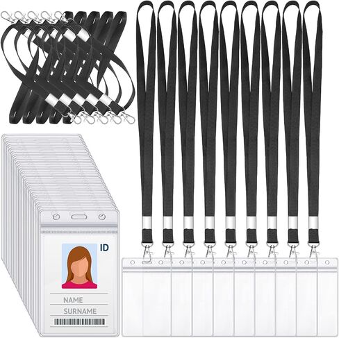 Shappy 100 Pcs Vertical Name Badge Holders with Lanyard, ID Card Waterproof Clear Plastic Vertical Name Tags Badge Holders Transparent PVC Pouch for Office School Travel 65 x 115 mm(Black) in Saudi Arabia