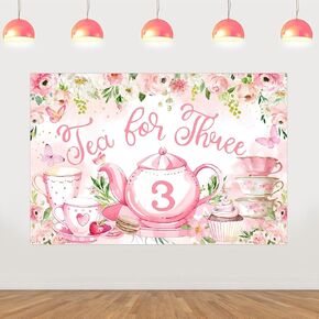 Tea Party 3rd Birthday Decorations, Tea for Three Birthday Decorations Backdrop Banner for Floral Tea Party Decorations Photography Background Boy Girl 3 x 5 ft
