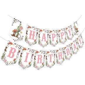 Cowgirl Birthday Banner Party Decorations Pink, Western Cowgirl Theme Happy Birthday Banner for 1 2 3 4 Year Old Girl, Wild West Rodeo 1st 2nd 3rd Bday Party Supplies