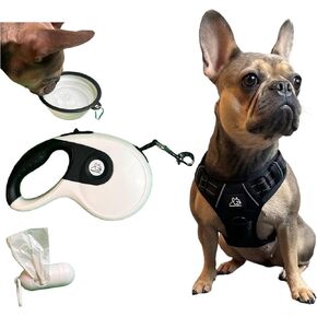 Funny Fur Grace - Black & White Dog Walking Set: Adjustable Escape-Proof Harness, 16ft Retractable Leash with Anti-Slip Handle, Pup Bags, Collapsible Bowl - Ideal for Medium Dogs - #funnyfurgrace