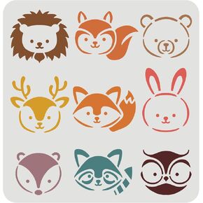 FINGERINSPIRE Animals Head Stencil 11.8x11.8inch Plastic Lion Bear Fox Stencil Sika Deer Rabbit Squirrel Owl Pattern Reusable Forest Animals Stencils for Painting on Wood, Floor, Wall and Tile