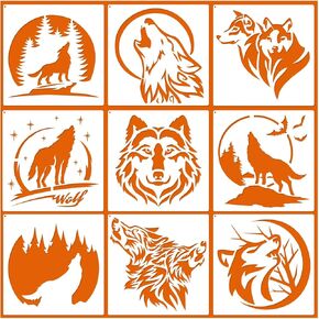 9 Pcs Painting Stencil Template Forest Wolf Animal Template Reusable Mountain Wolf Tracing DIY Stencils for Painting on Wood Wall Home Decorations(11Inch*11Inch)