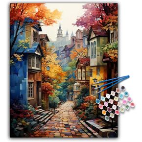 Paint by Numbers Kit for Adults Framed Canvas - 16x20 Inch Street Cafe Adult Paint by Number Kits with Frame, Fall DIY Acrylic Framed Canvas for Painting Kits for Adults with Gift Box for Home Decor