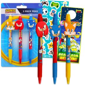 Sonic The Hedgehog Pens for Kids - 3 Pc Sonic Ballpoint Pens Gift Bundle Sonic Office Supplies Featuring Sonic, Knuckles, and Tails Plus Stickers, Door Hanger School Supplies Set