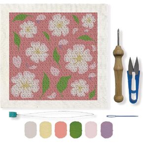 BEUNITONE Punch Needle Kits Frame Square Cherry Blossom Punch Embroidery Kit Adjustable Flower Rug Yarn Hooking Starter Kit with Instructions Punch Needle Fabric DIY Craft Gift for Home Decor