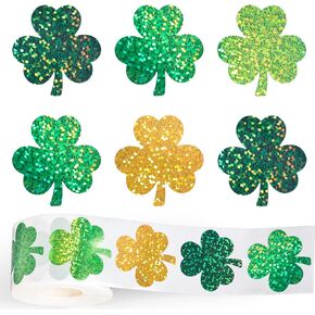 500Pcs Sparkly St. Patrick's Day Stickers Laser Green Yellow Shamrock Seal Stickers Glitter Lucky Clover Waterproof Self-Adhesive Decals for Envelope Journal Decor Irish Party Supplies