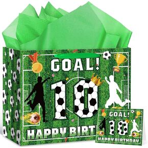 Soccer 10th Birthday Gift Bag for Boys Kids Teens Large Soccer 10th Birthday Party Favor Gift Bag with Soccer Birthday Wrapping Paper Card for Soccer Football 10th Birthday Anniversary Party Supplies