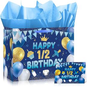 1/2 Birthday Boy Decorations Blue and Gold Half Birthday Bag with Tissue Paper Card 6 Months Happy Birthday Party Decorations for Halfway to One Christmas Baby Shower Party Favors Decorations Supplies