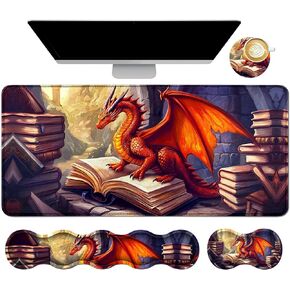 4Pcs Memory Foam Keyboard Mouse Wrist Rest Pad + Gaming Desk Mat 31.5" * 11.8" + Mouse Wrist Cushion + Coasters Set, Non-Slip Desk Pad Protector for Laptop Computer Home, Red Book Dragon