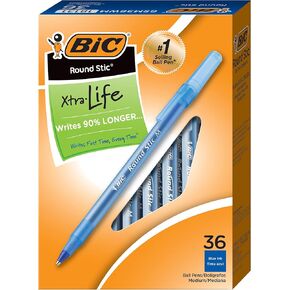 BIC Round Stic Xtra Life Blue Ballpoint Pens, Medium Point (1.0mm), 36-Count Pack of Bulk Pens, Flexible Round Barrel for Writing Comfort, No. 1 Selling Ballpoint Pens