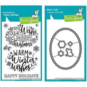 Lawn Fawn Giant Holiday Messages 4x6 Clear Stamp Set and Coordinating Lawn Cuts Dies, Bundle of 2 Items (LF2681, LF2682)