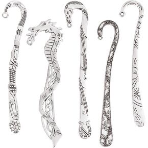 SUNNYCLUE 10Pcs 5 Styles Alloy Bookmark Silver Hook Bookmark Metal Flower Retro Chinese Style Animal Dragon Hairpin Stripe Loop Bookmarks Findings for Jewelry Making Charms Christmas Gifts DIY Crafts