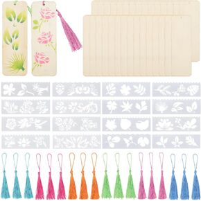 88 Pieces 6 x 2 Inch Wood Blank Bookmarks with Tassels Unfinished Wooden Book Mark Blanks Bulk Hollow Lace Drawing Stencil Thin Hanging Tags Bookmarks Making Kits for DIY Crafts Book Lovers