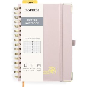 POPRUN Spiral Dotted Journal Notebook, [A5-5.75'' x 8.25''] - 120 GSM Thick Paper, 141 Numbered Pages, Hardcover for Men & Women with Pocket, Index Tabs, 8 Perforated Sheets, Light Yellow