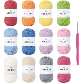 NICEEC 12 Skeins Assorted Colors Yarn Soft Cotton Blend Yarn for Crocehting Colorful Baby Blanket Yarn for Knitting Easy Use 4 Ply Yarn Multicolored Yarn for DIY Craft-Kit 4