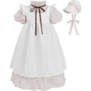 FCCAM Pioneer Dresses for Girls Floral Ruffle Prairie Colonial Costume with High Waist Apron