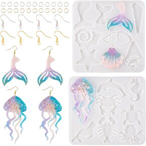 KISSITTY Ocean Theme Silicone Molds DIY Summer Jewelry Making Kit Starfish Shell Mermaid Shape Resin Casting Molds for DIY Craft Decorations Key Chains Earrings Necklaces Bracelets