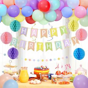 Pink Happy Birthday Party Decorations Set for Women Girls, Pre-Strung Happy Birthday Sign Banner, Pink Balloons, Tissue Paper Pom Poms, Star Garland, Hanging Swirls for Birthday Princess Party