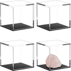 Jetec 4 Pcs Small Rock Display Case for Collectibles Display 3 x 3 Inches Clear Acrylic Display Box with Black Base for Coral Geodes Rock Mineral Agate Action Figures