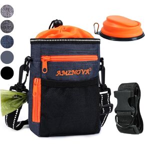 AMZNOVA Dog Treat Bag, Large Dog Training Pouch with Adjustable Should Strap, Waistband, Poop Bag Dispenser, Easy to Carry All Doggy Items, Black