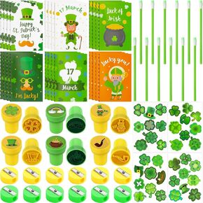 Kisston 312 Pcs St Patricks Day Stationery Supplies Notepads Pencils Stampers Shamrock Stickers Pencil Sharpeners Goodie Bags for Kids Students Irish St Patrick's Day Party Classroom Gift