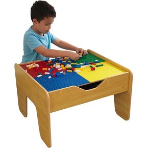 KidKraft 2-in-1 Reversible Top Activity Table with 200 Building Bricks and 30-Piece Wooden Train Set, Natural, Gift for Ages 3+