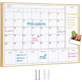 3-in-1 Dry Erase Calendar for Wall with Gold Aluminum Frame, Magnetic Monthly & Weekly Calendar Whiteboard, Dry Erase Board for Wall, Hanging White Board for Decor/Memo(YL+ZL-Gold,4333)