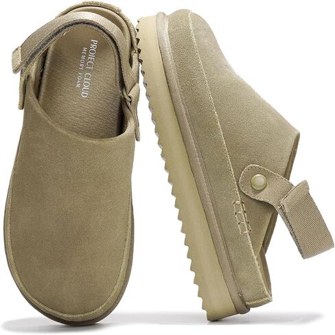 Project Cloud Genuine Suede Clogs for Women - Memory Foam Platform Clogs Womens Shoes - Nonslip Slides for Women w/Straps Lightweight Womens Clogs & Mules for Women 2024 (Goldstar, CHSTNUT, 10) Black in Kuwait