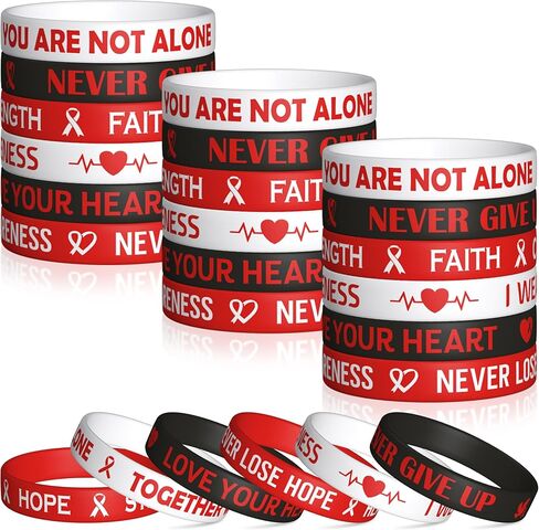 Watinc Heart Health Aways Silicone Wristband - Red Rebbon Heart Cancer Disease Bracelets ، Modational Inspirational Heat Beat Pracelet Events for Men Women Teens (120pcs) in Saudi Arabia