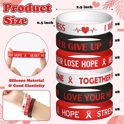 Watinc Heart Health Aways Silicone Wristband - Red Rebbon Heart Cancer Disease Bracelets ، Modational Inspirational Heat Beat Pracelet Events for Men Women Teens (120pcs) in Saudi Arabia