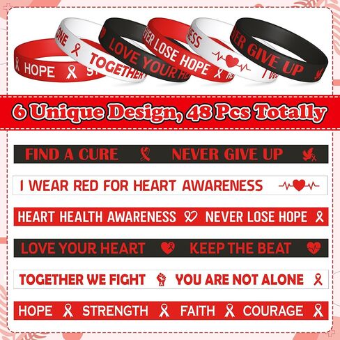 Watinc Heart Health Aways Silicone Wristband - Red Rebbon Heart Cancer Disease Bracelets ، Modational Inspirational Heat Beat Pracelet Events for Men Women Teens (120pcs) in Saudi Arabia