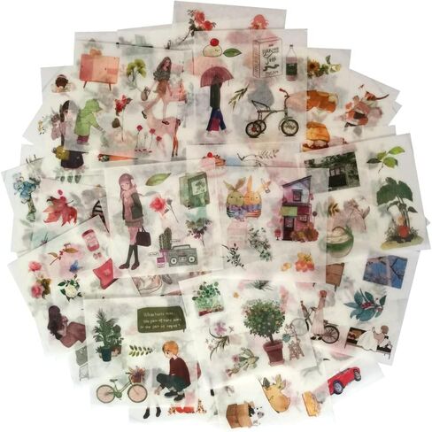 Kawaii Washi Stickers Set (50 Sheets) Magic Wand Hat Household Decor Daily Life Stuff Bicycle Travel Stickers Girl's Stuff DIY Label for Scrapbook Envelope Journal Planner Album Collage Journaling in Kuwait