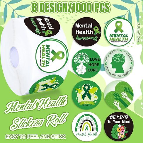 ملصقات التوعية بالصحة العقلية 1000pcs ، ملصقات التوعية بالأخضر ، الشريط ، ملصقات ملصقات ملصقات ذاتية للذات للبالغين للمراهقين ، الإبلاغ عن صحة العقلية ، 8 تصميم. in Saudi Arabia