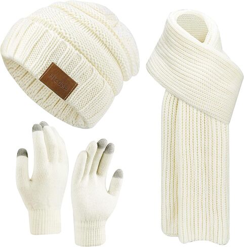 Hicdaw Winter Beanies Hat Scarf Gloves Women Winter Hats for Women Beanie Hat Long Scarf Fleece Lined Touchscreen Gloves in Kuwait