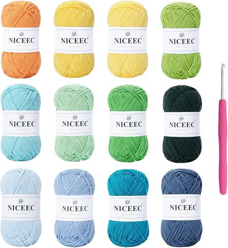 NICEEC 12 Skeins Assorted Colors Yarn Soft Cotton Blend Yarn for Crocehting Colorful Baby Blanket Yarn for Knitting Easy Use 4 Ply Yarn Multicolored Yarn for DIY Craft-Kit 4 in Kuwait