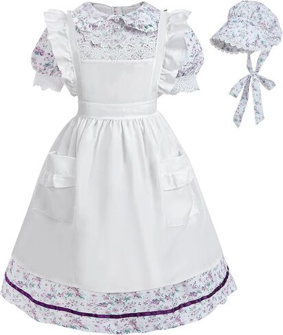 FCCAM Pioneer Dresses for Girls Floral Ruffle Prairie Colonial Costume with High Waist Apron in Kuwait