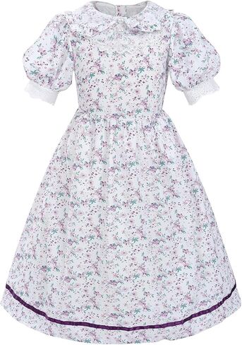 FCCAM Pioneer Dresses for Girls Floral Ruffle Prairie Colonial Costume with High Waist Apron in Kuwait