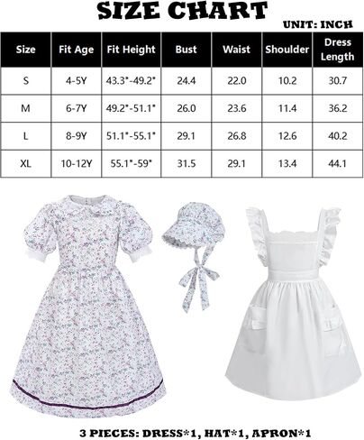 FCCAM Pioneer Dresses for Girls Floral Ruffle Prairie Colonial Costume with High Waist Apron in Kuwait