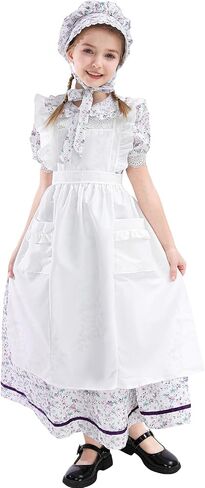 FCCAM Pioneer Dresses for Girls Floral Ruffle Prairie Colonial Costume with High Waist Apron in Kuwait
